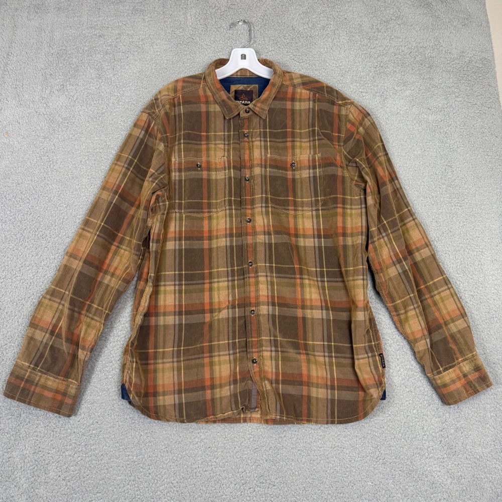 Prana Mens XL Corduroy Plaid Button Down Shirt Brown Orange Long Sleeve Pockets